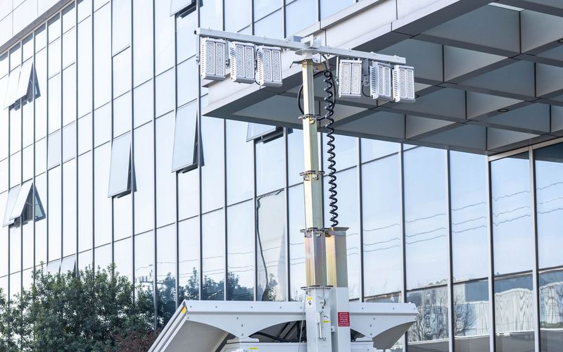 Mobile LED lighting tower with telescopic mast for site and night working (illustrative stock photo)