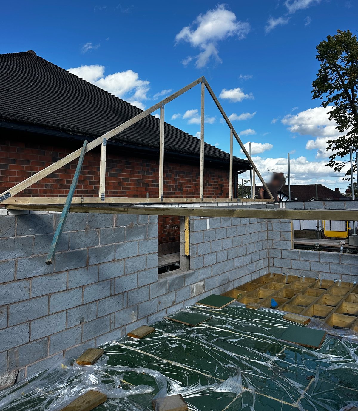 Single-storey extension roof framing on new blockwork by Staff4dshire Properties