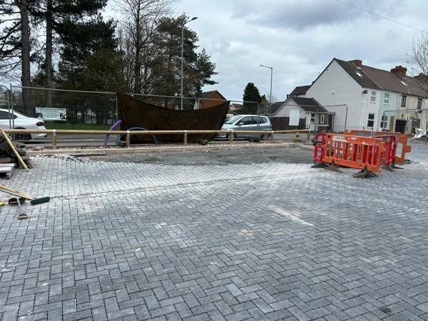 Herringbone block-paved car park nearing completion