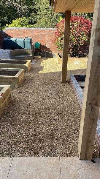 Gravel path and timber-edged beds
