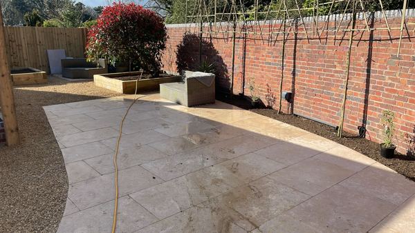 Lichfield garden transformation: sandstone paving, sleeper beds, gravel and hardwood pergola – Staff4dshire Properties