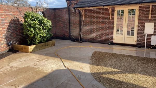 Lichfield garden transformation: sandstone paving, sleeper beds, gravel and hardwood pergola – Staff4dshire Properties