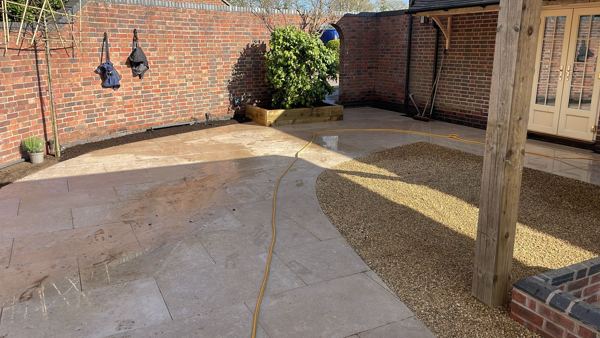 Lichfield garden transformation: sandstone paving, sleeper beds, gravel and hardwood pergola – Staff4dshire Properties