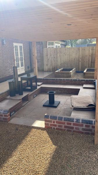 Lichfield garden transformation: sandstone paving, sleeper beds, gravel and hardwood pergola – Staff4dshire Properties