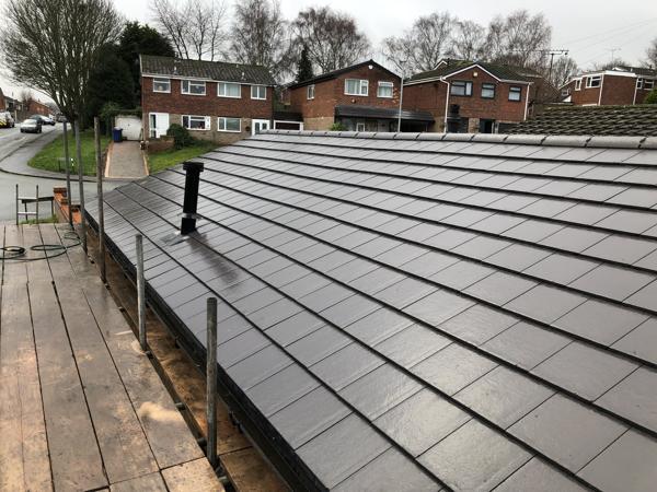 Completed slate-effect tile roof – Staff4dshire Roofing Specialists