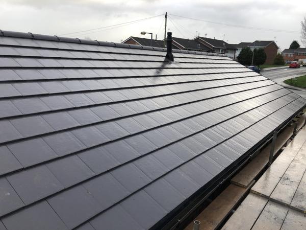 Completed slate-effect tile roof – Staff4dshire Roofing Specialists